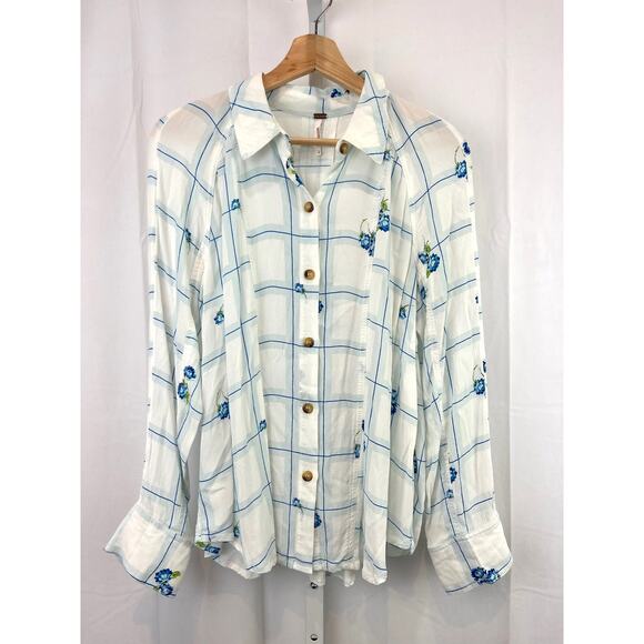 FREE PEOPLE Size S Window To My Heart Button Down Shirt Check Floral White Blue - Picture 9 of 9